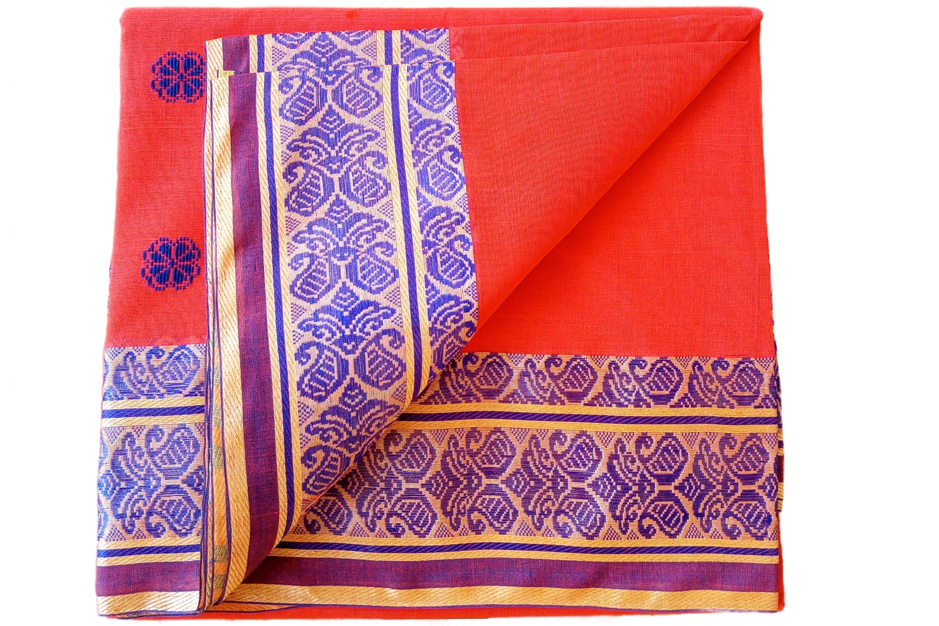 bengal-handloom-saree-tant-100-pure-cotton-cherry-and-blue-colour