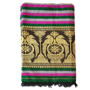 GREEN-PINK Cotton Parrot Design Shawl | Chadar | Knitted Handloom [80 x 38 inch]