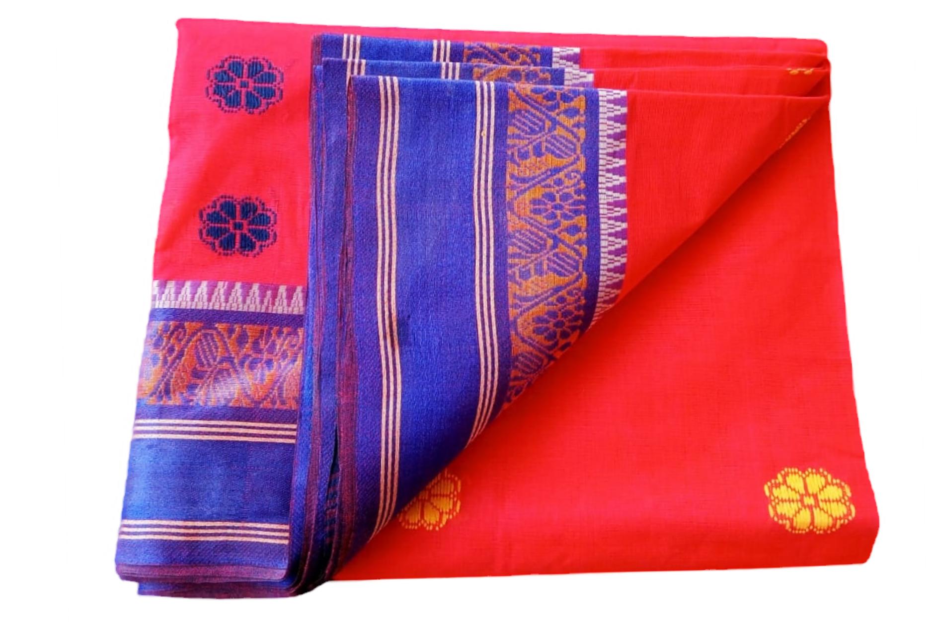 bengal-handloom-saree-tant-100-pure-cotton-red-cherry-colour-and-blue-colour